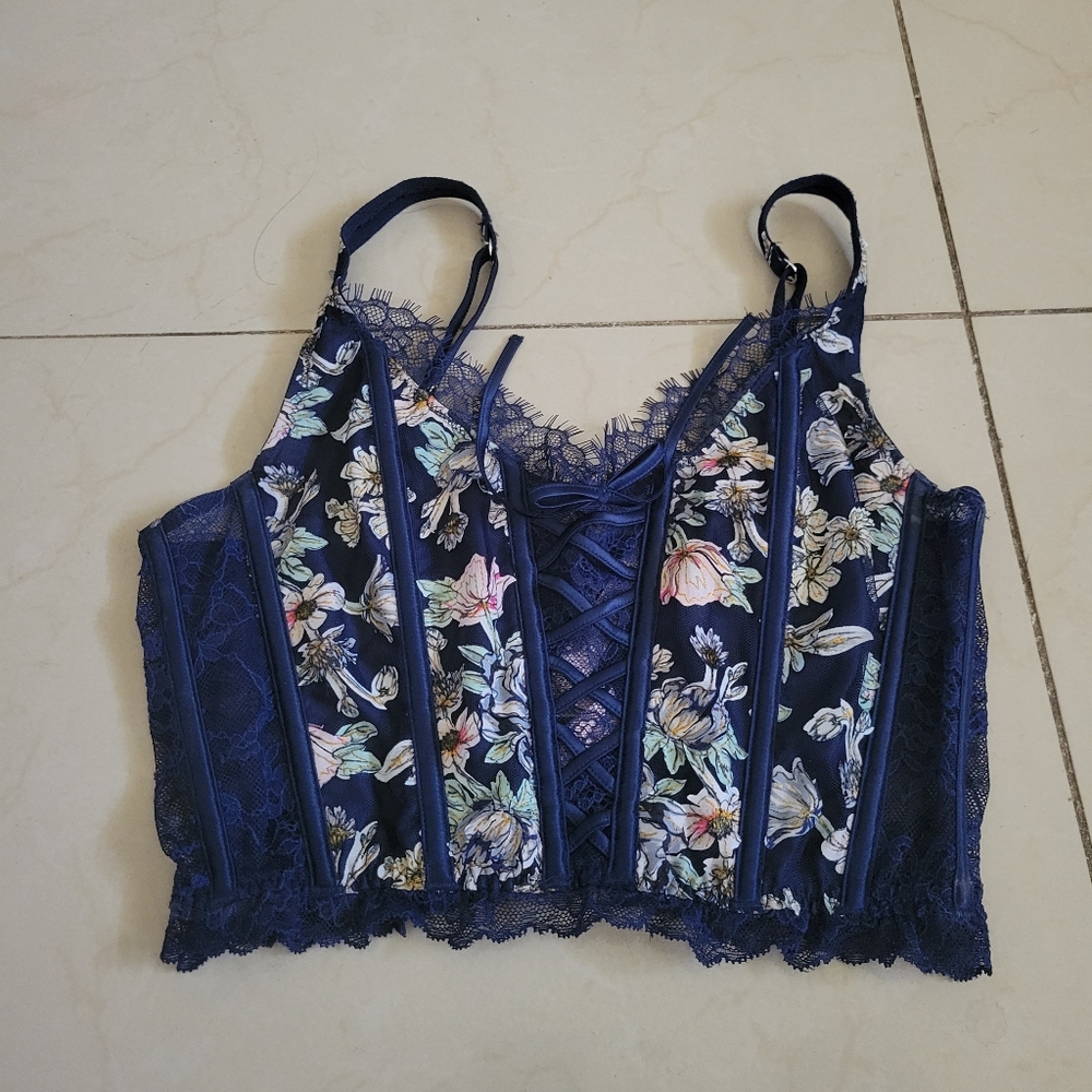 Navy Blue Floral Corset Top